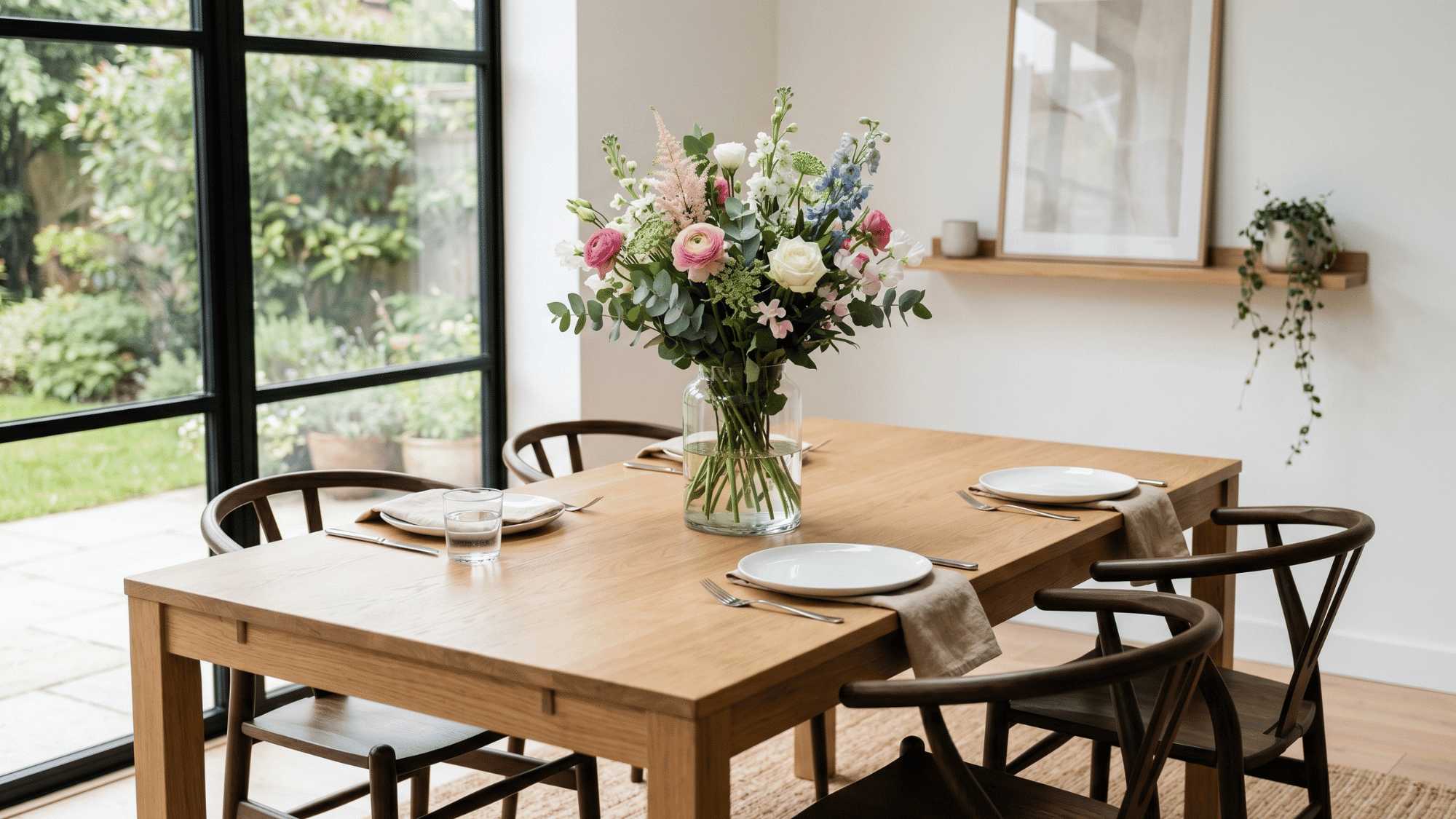 fresh flowers in a clear vase on a dining table creating a simple and elegant centerpiece