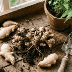 fresh ginger rhizomes with soil and roots on a wooden potting bench, alongside a trowel and potted plant in natural light