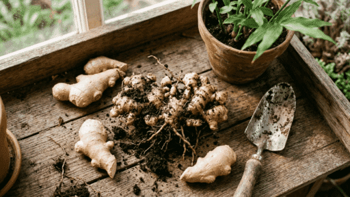 fresh ginger rhizomes with soil and roots on a wooden potting bench, alongside a trowel and potted plant in natural light