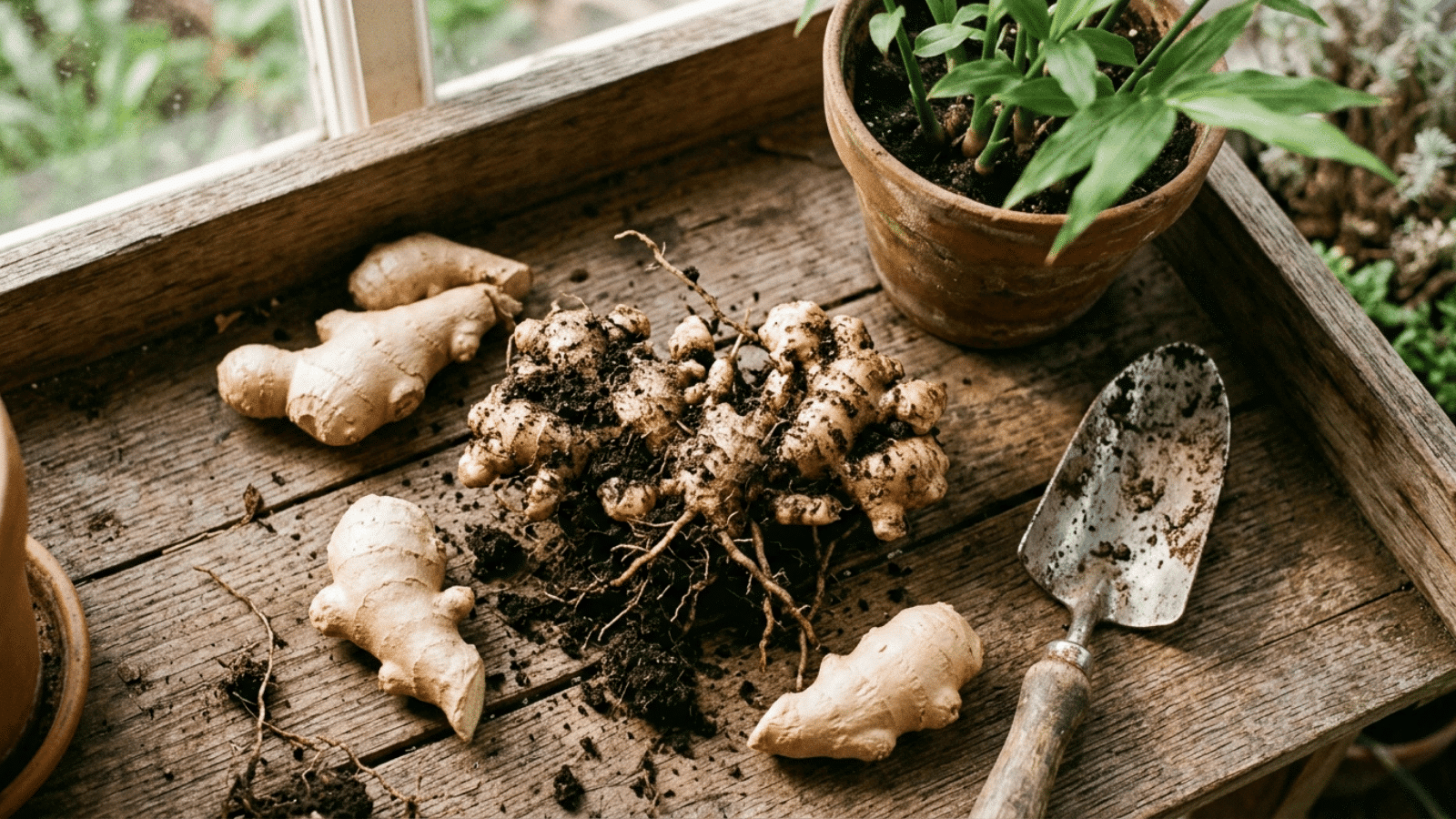 fresh ginger rhizomes with soil and roots on a wooden potting bench, alongside a trowel and potted plant in natural light