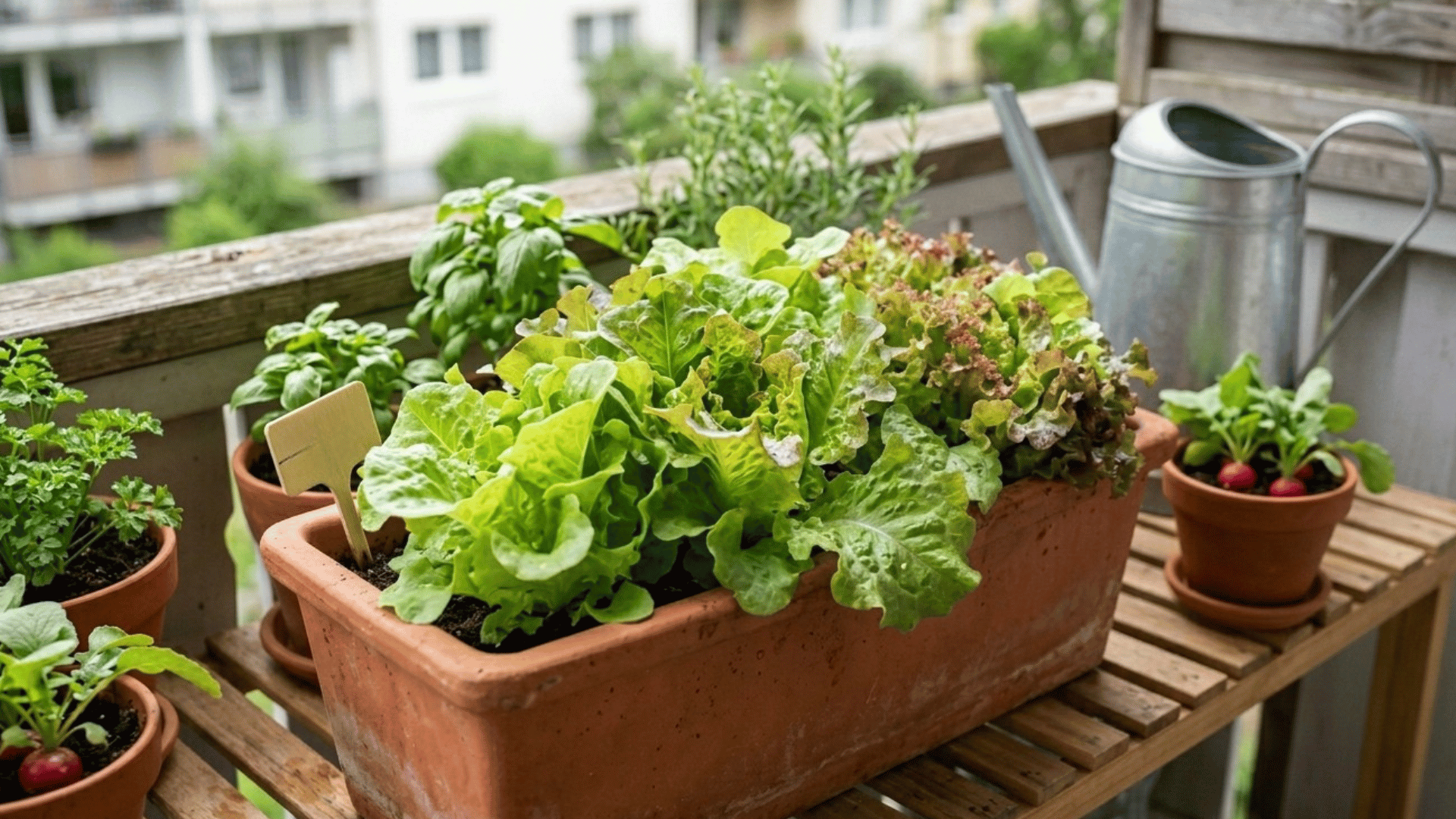 fresh lettuce growing in a rectangular pot on a balcony with small herb plants nearby.