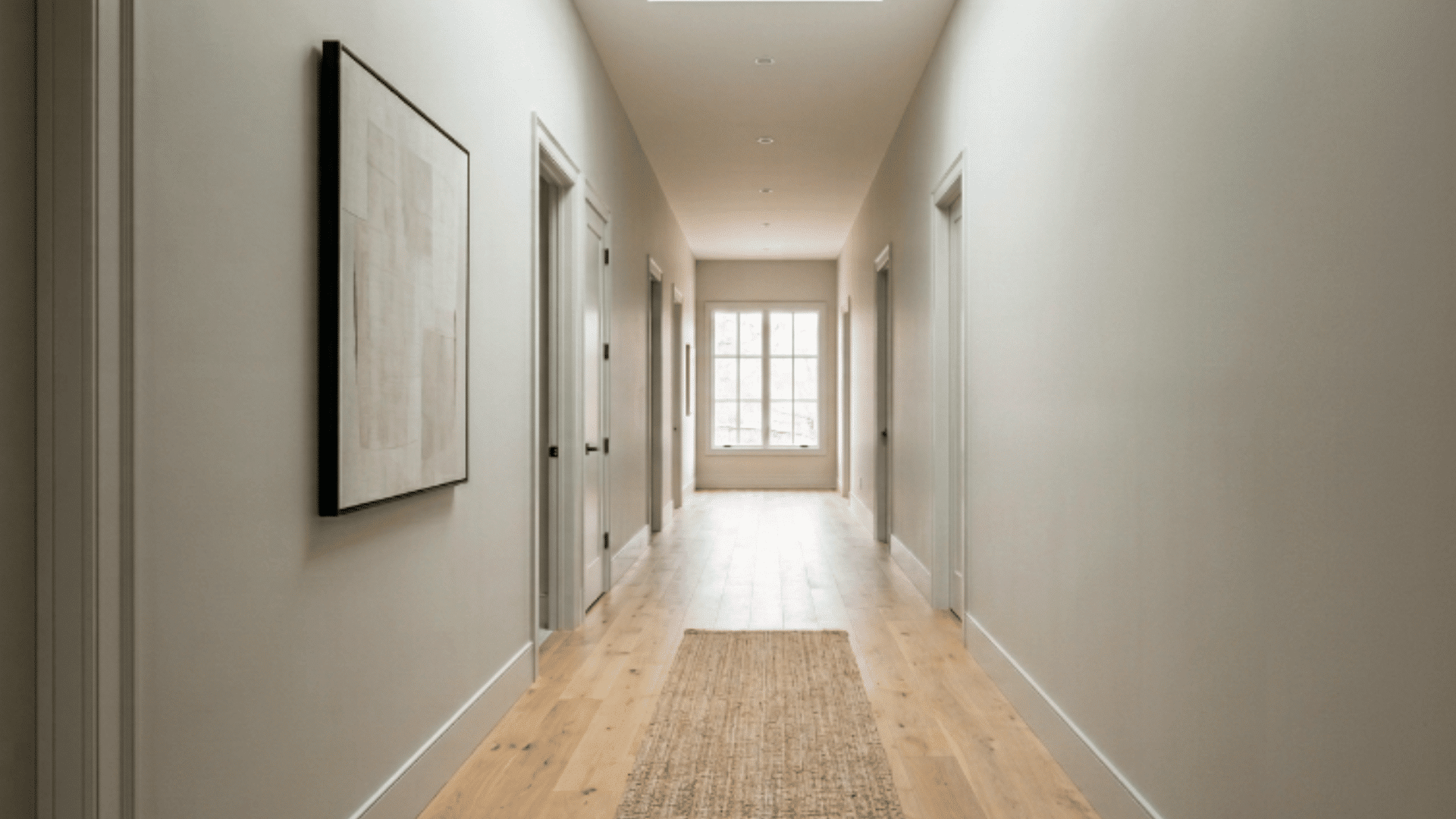 fresh matte painted hallway walls with soft natural light minimal decor small showpieces clean open space