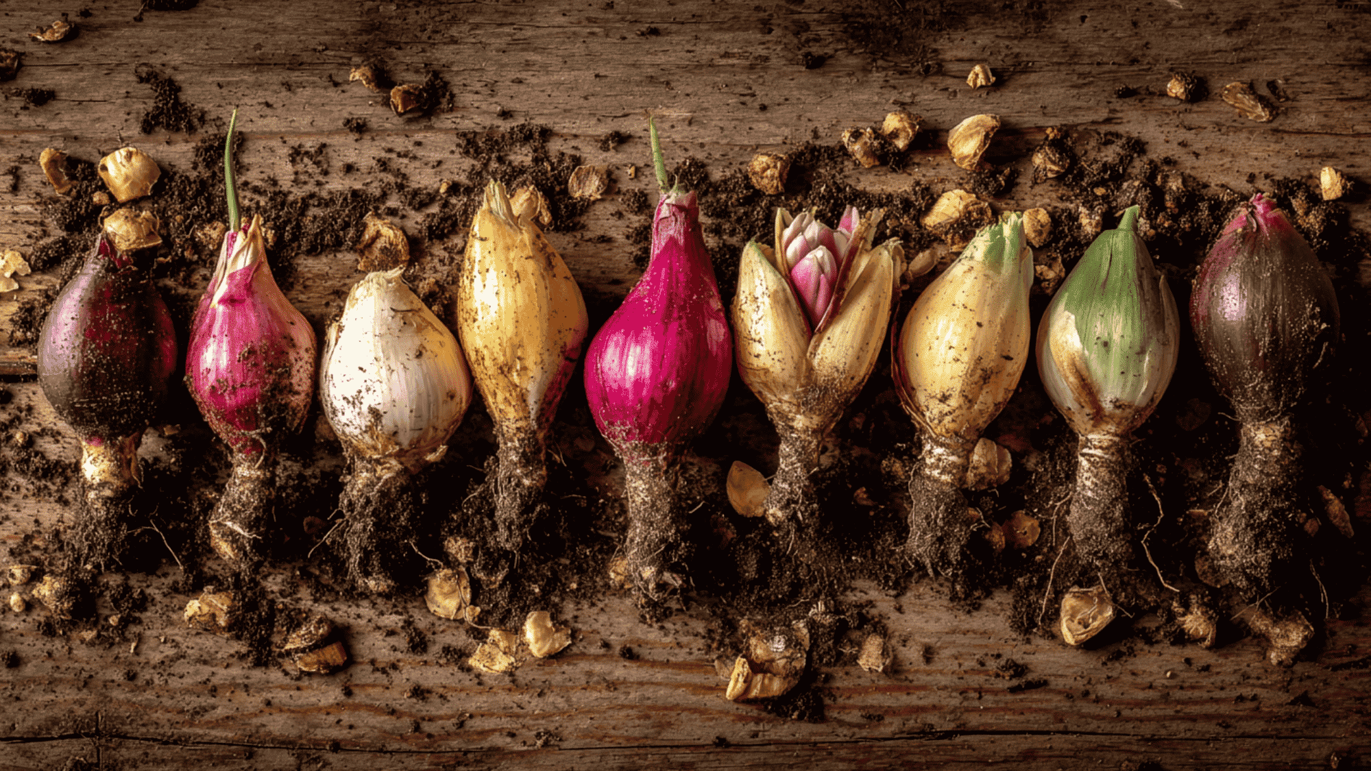 fresh tulip bulbs showing different storage stages