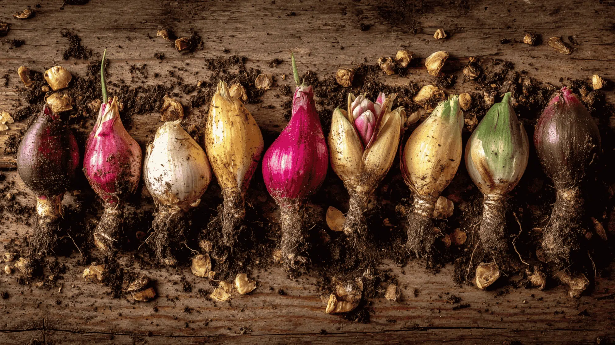 fresh tulip bulbs showing different storage stages