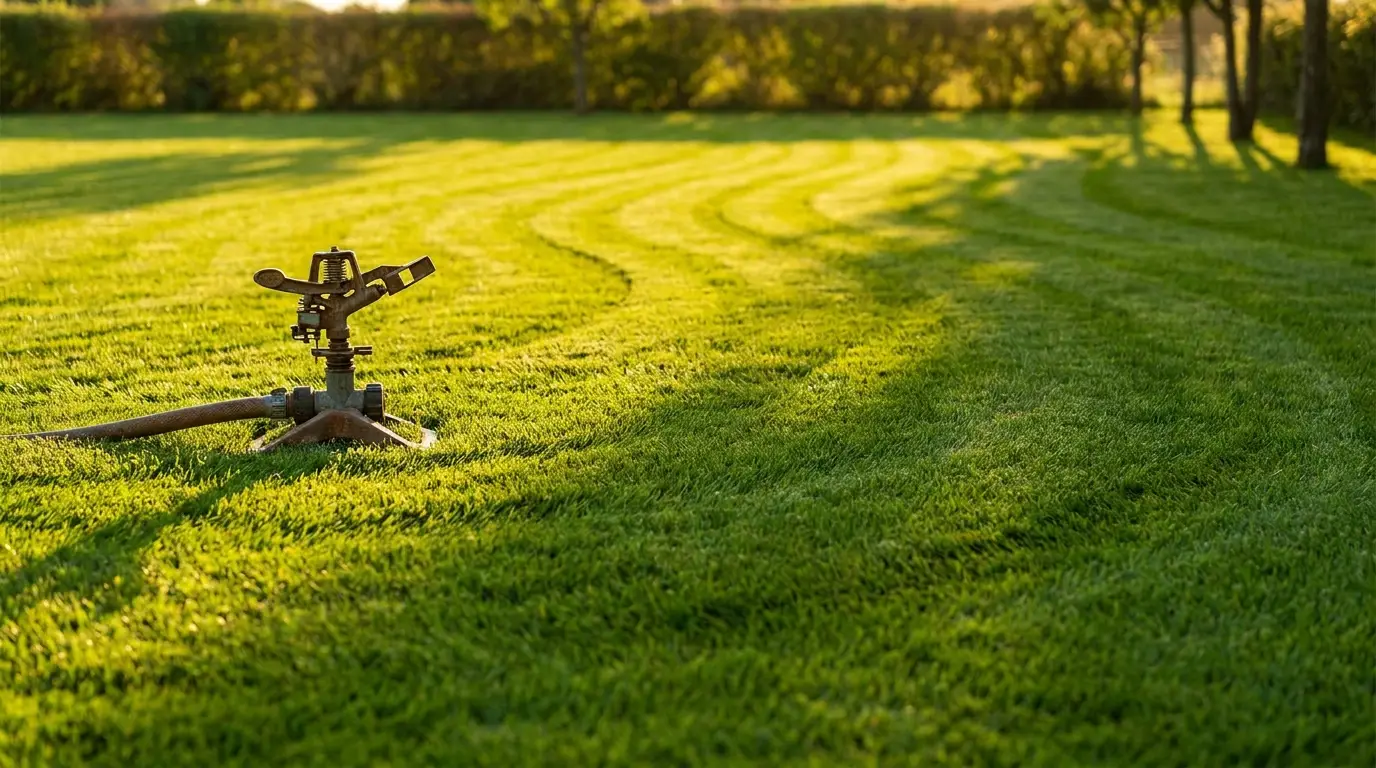 Lawn sprinkler on lush green grass in sunny garden setting