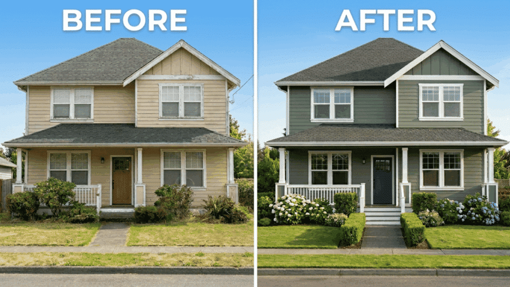 freshly painted house exterior with light color siding and dark trim creating a clean updated curb appeal look