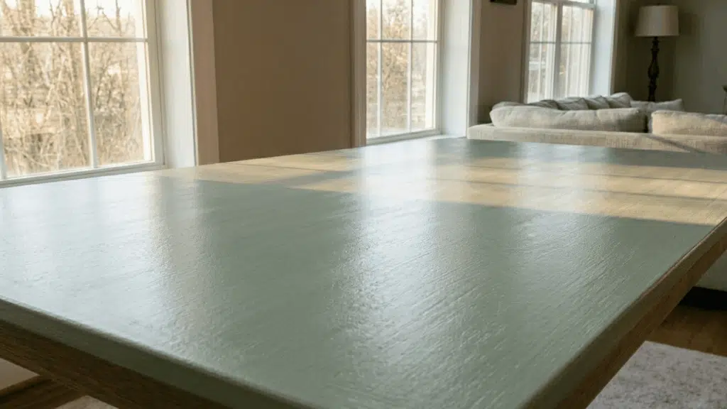 freshly painted wooden surface in green color left to dry in a clean indoor space with soft natural light coming in