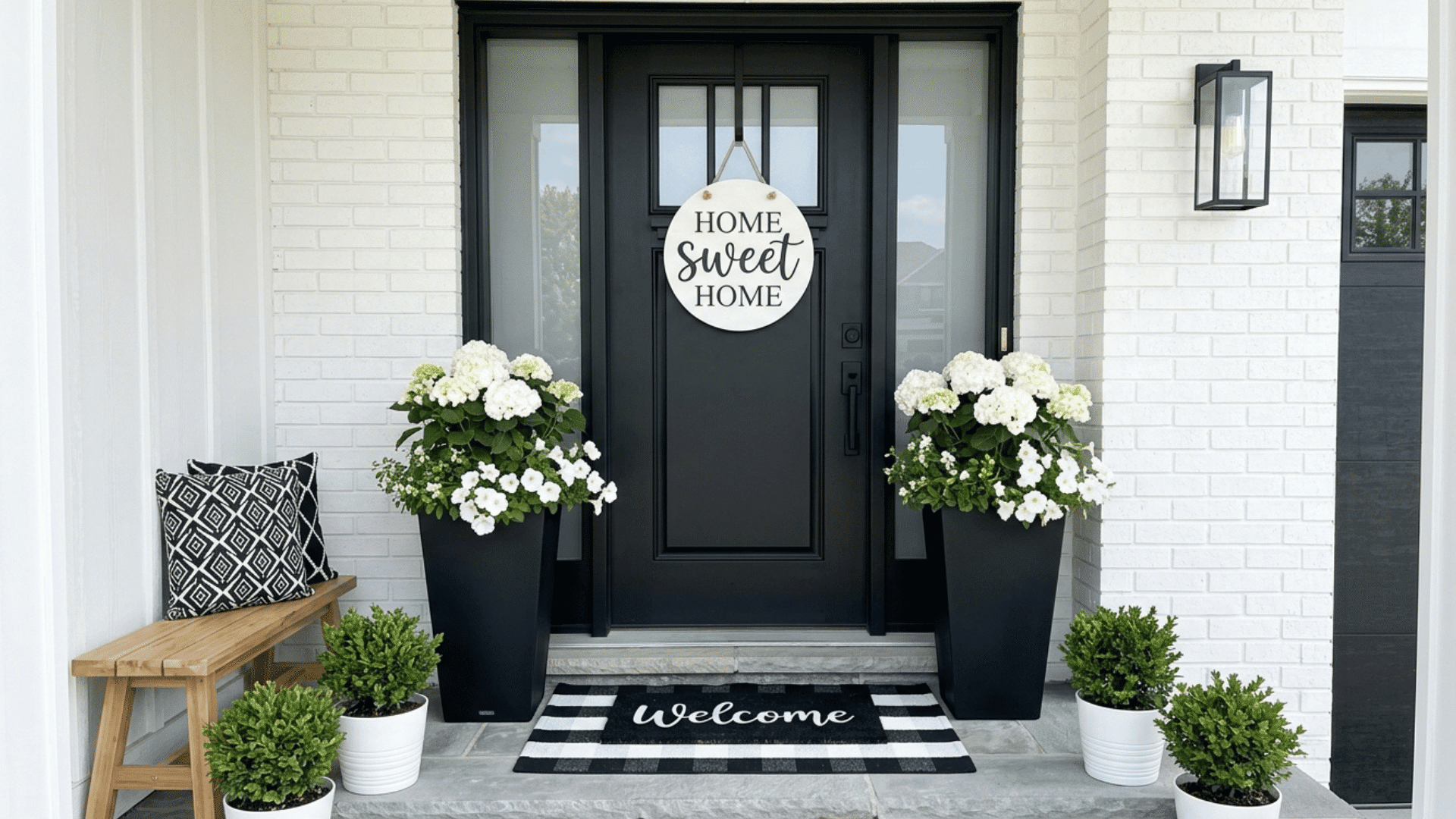 front door with bench seating, plants, and cozy entry decor setup.