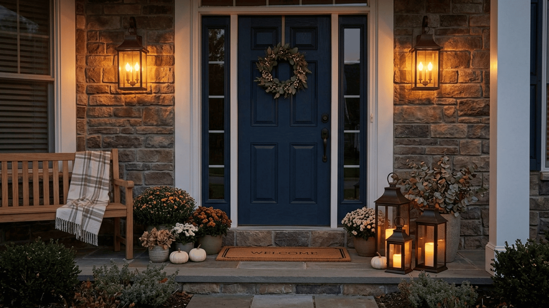 front door with lantern lighting, wreath, bench, and cozy evening decor.