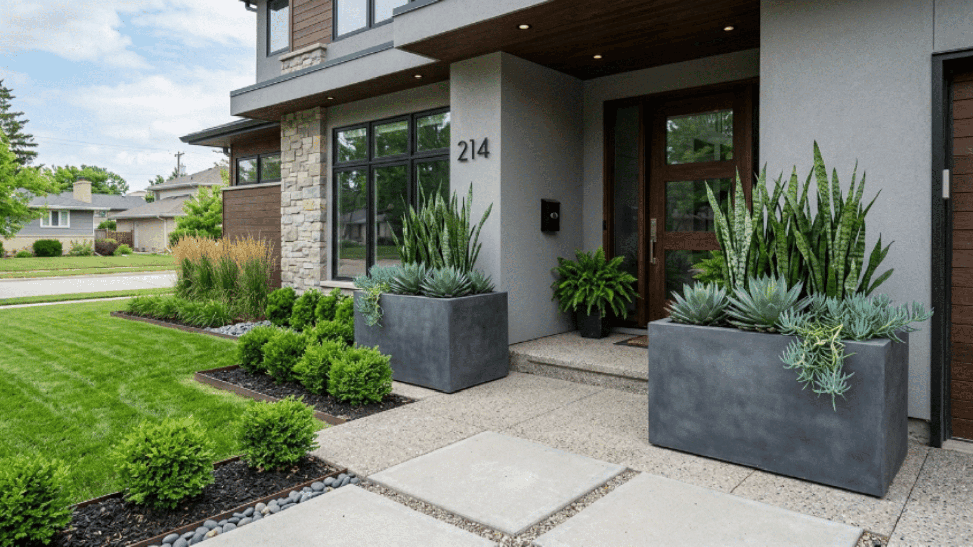 front entrance with large planters, succulents, and neat landscaping, showing a clean and controlled low-maintenance setup