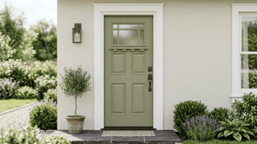 front entry door centered on a clean home exterior with neutral wall white trim and soft natural daylight setting