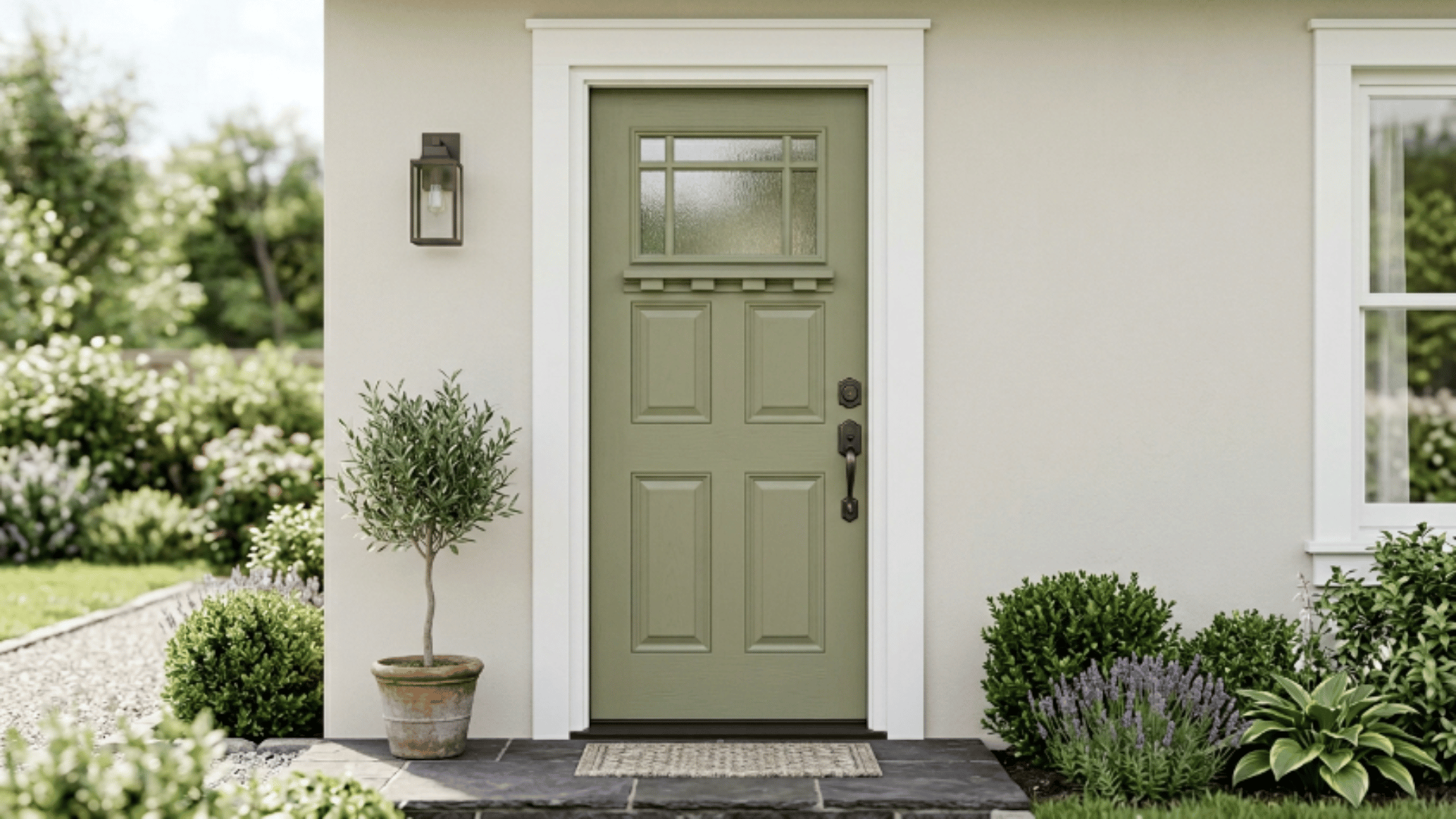 front entry door centered on a clean home exterior with neutral wall white trim and soft natural daylight setting