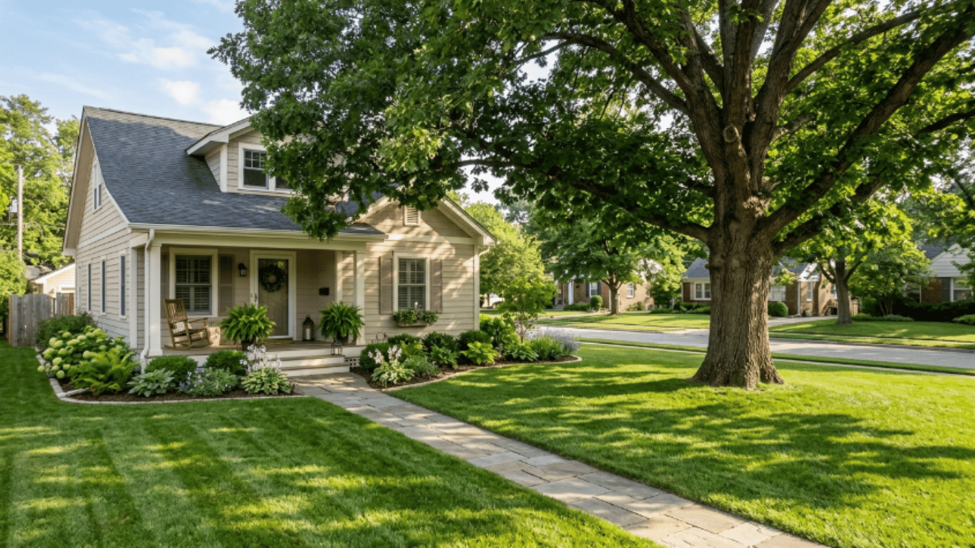 front entry with stone pathway and tall ornamental grasses on both sides, creating a clean and low-maintenance landscaping design (1)