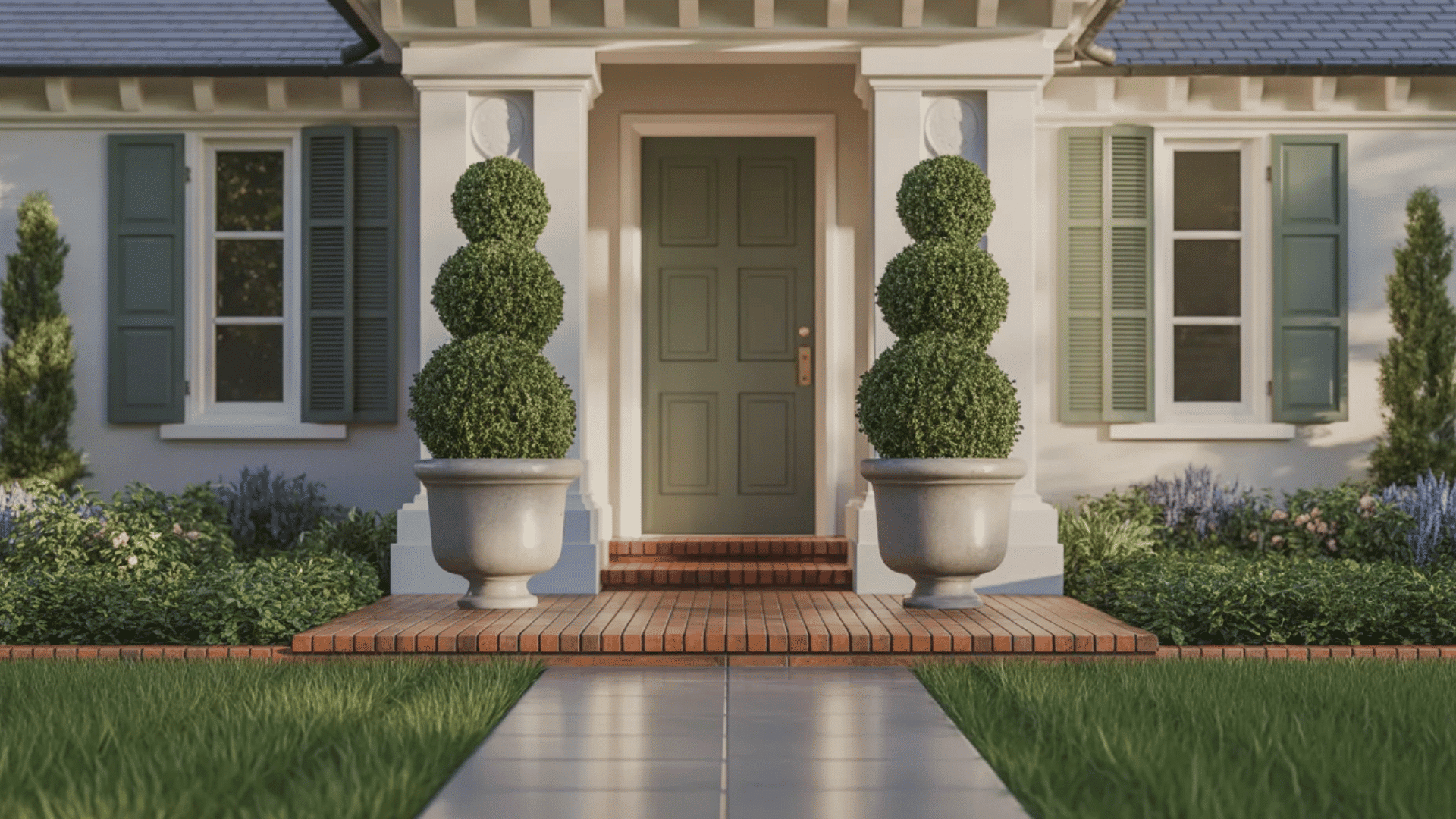 front porch with symmetrical topiary plants in pots flanking a door with neatly trimmed garden beds and pathway