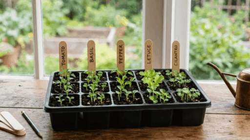 front view of black seed tray with small green seedlings and four labeled popsicle sticks in soft natural indoor light (1)
