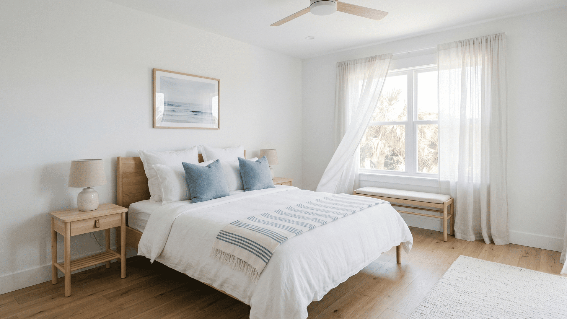 front view of coastal guest room with white and blue tones, airy curtains and light furniture