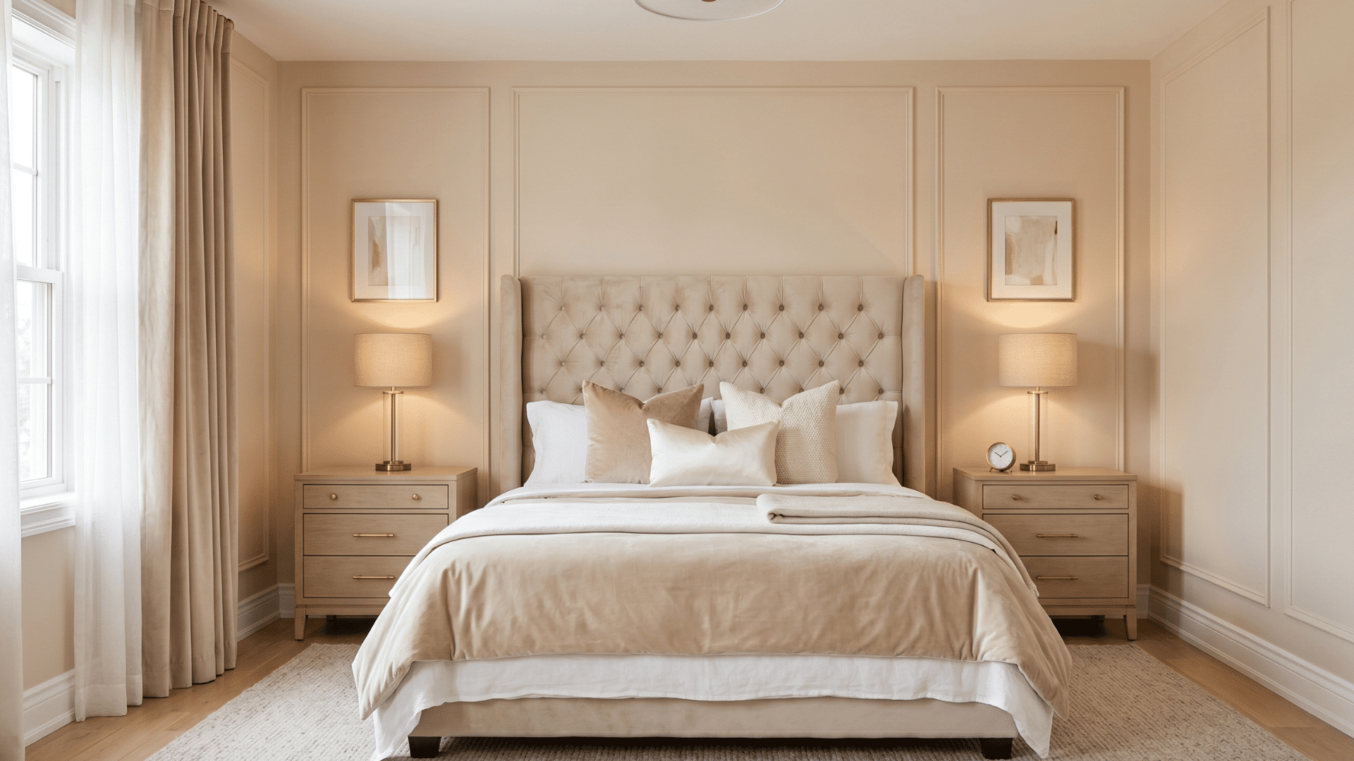 front view of glam guest bedroom with tufted bed, soft blush tones and minimal gold accents in clean layout