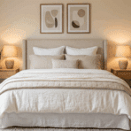 front view of guest bedroom with layered bedding, soft lighting and warm neutral decor in clean styled layout