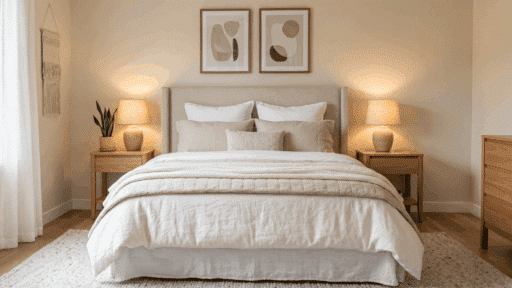 front view of guest bedroom with layered bedding, soft lighting and warm neutral decor in clean styled layout