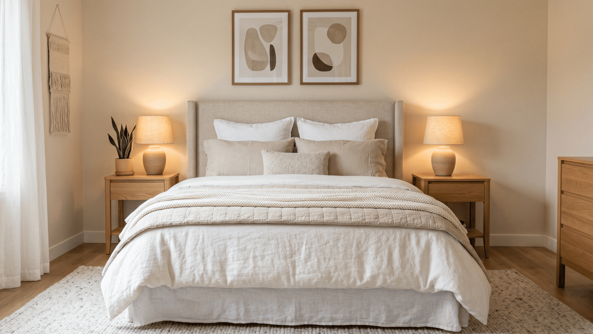 front view of guest bedroom with layered bedding, soft lighting and warm neutral decor in clean styled layout