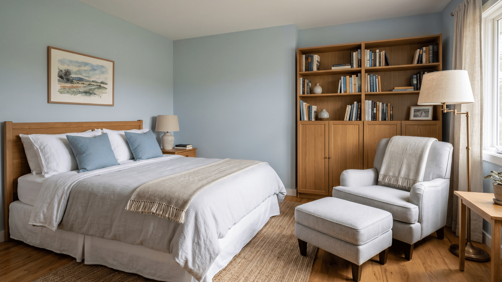 front view of guest bedroom with visible bed, reading chair and bookshelf with neatly arranged books in clean layout (1)
