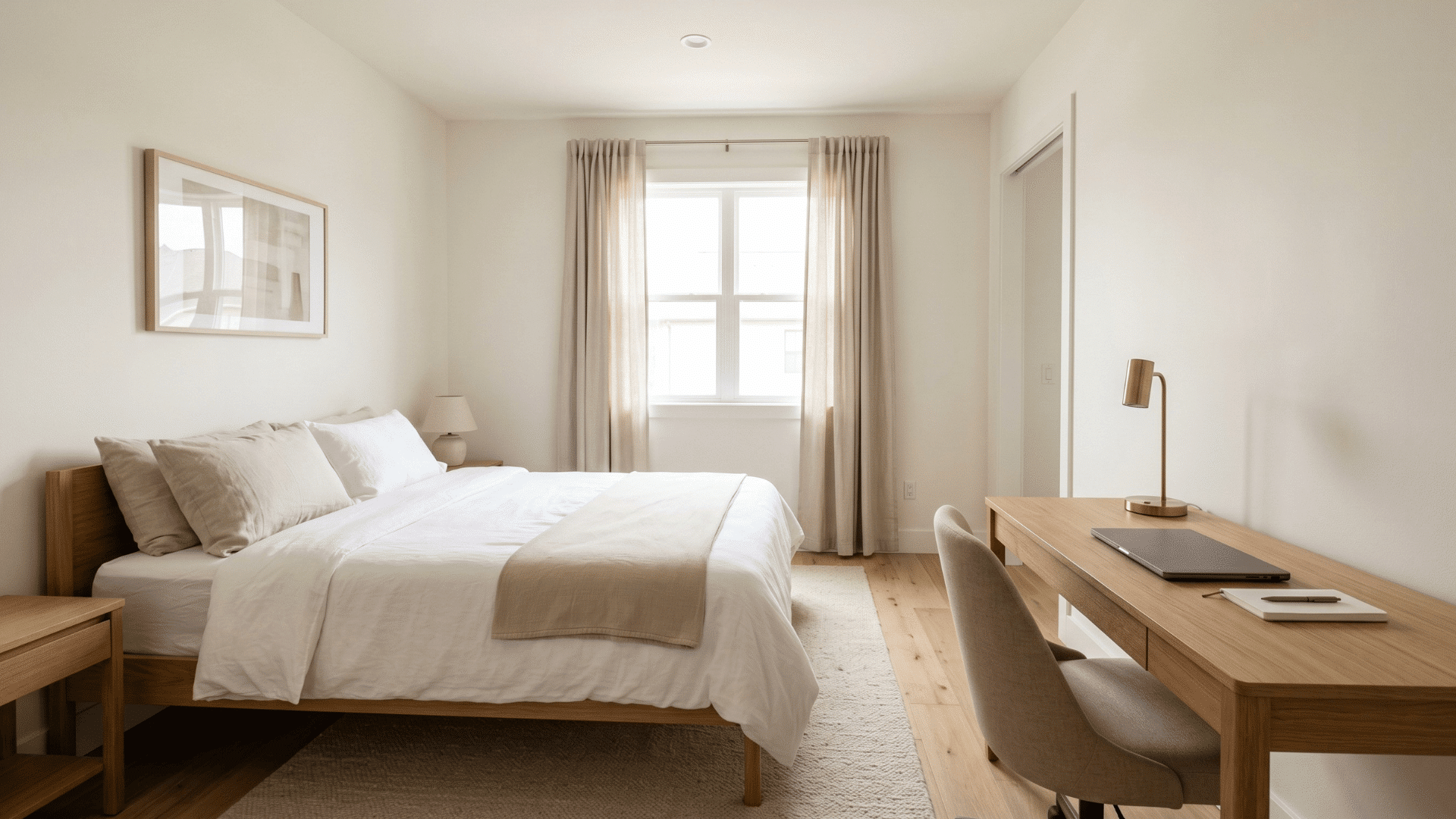front view of guest room with bed and desk setup in a clean layout with neutral tones