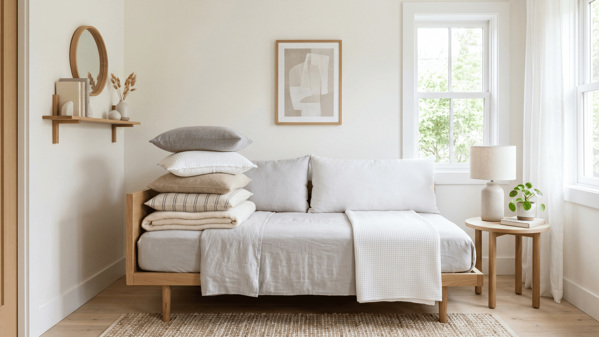 front view of guest room with daybed, neutral cushions and bright natural light in clean layout (1)