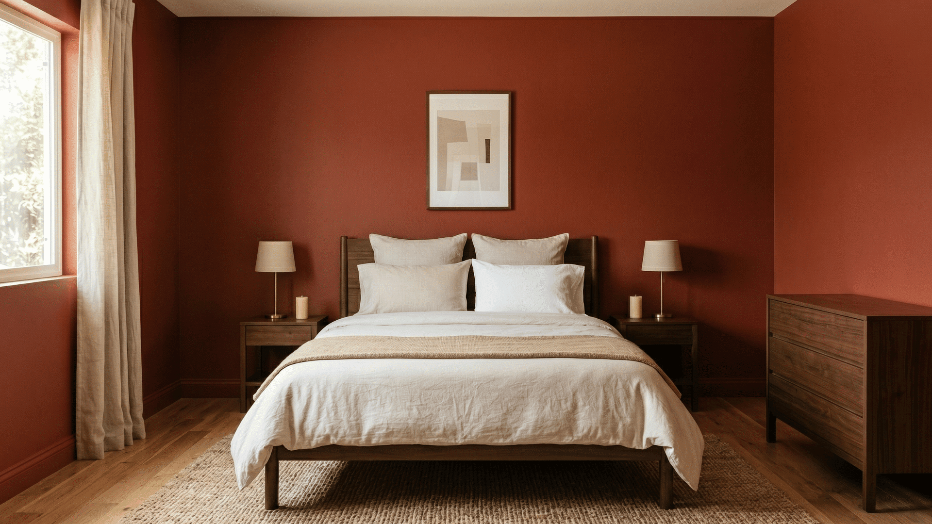 front view of guest room with deep colored walls, simple bed and strong visual contrast