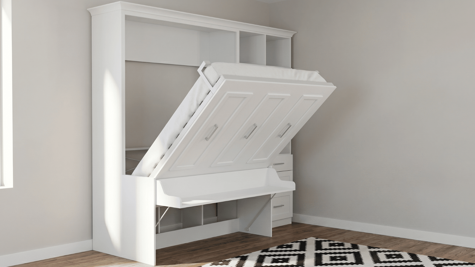 front view of guest room with fold down murphy bed built into wall unit with clean modern design