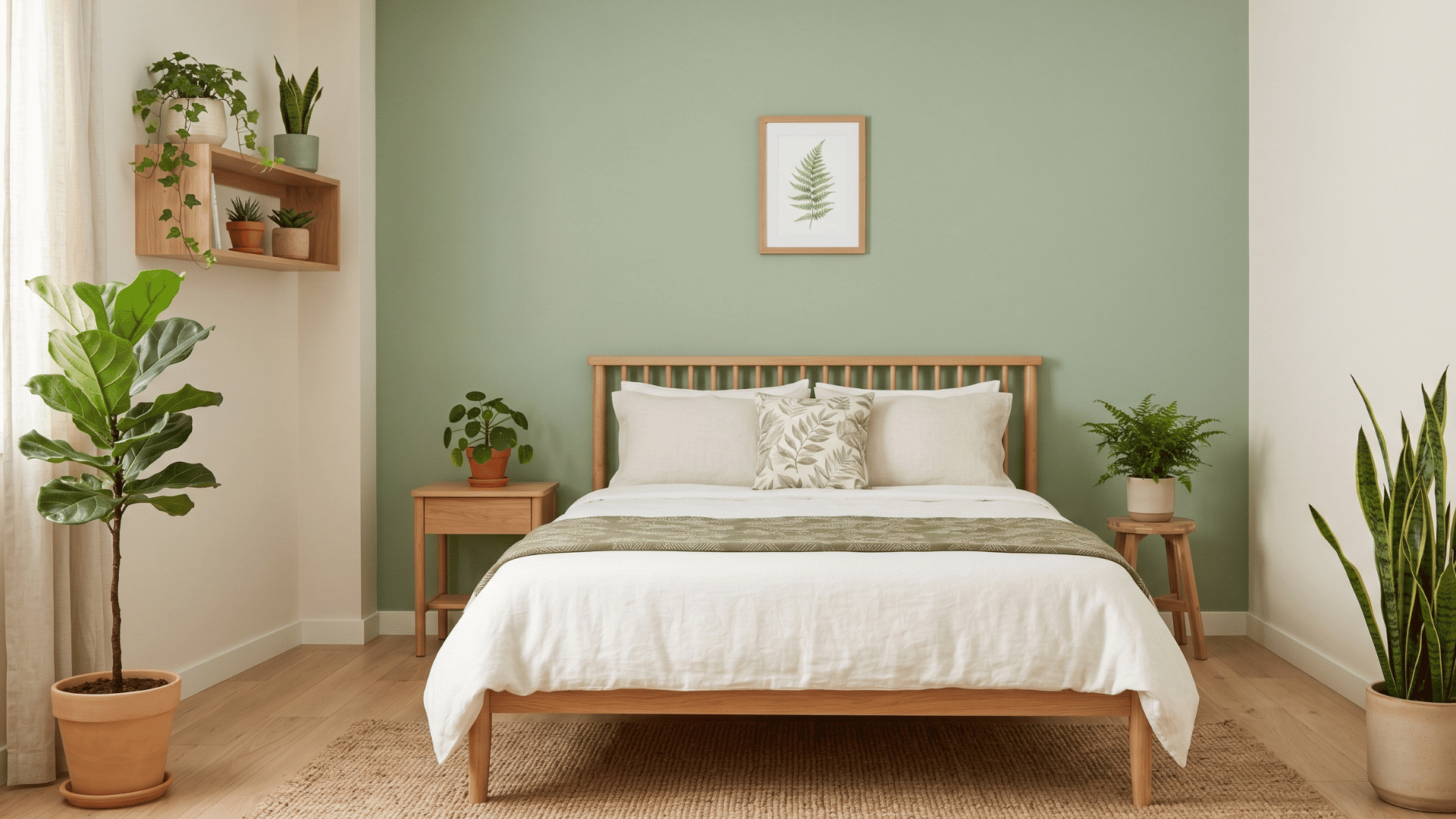front view of guest room with green wall, indoor plants and natural textures in clean layout