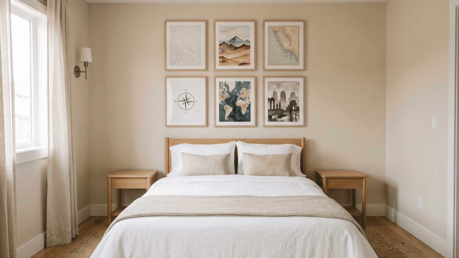 front view of guest room with maps and travel decor on walls in a simple clean setup