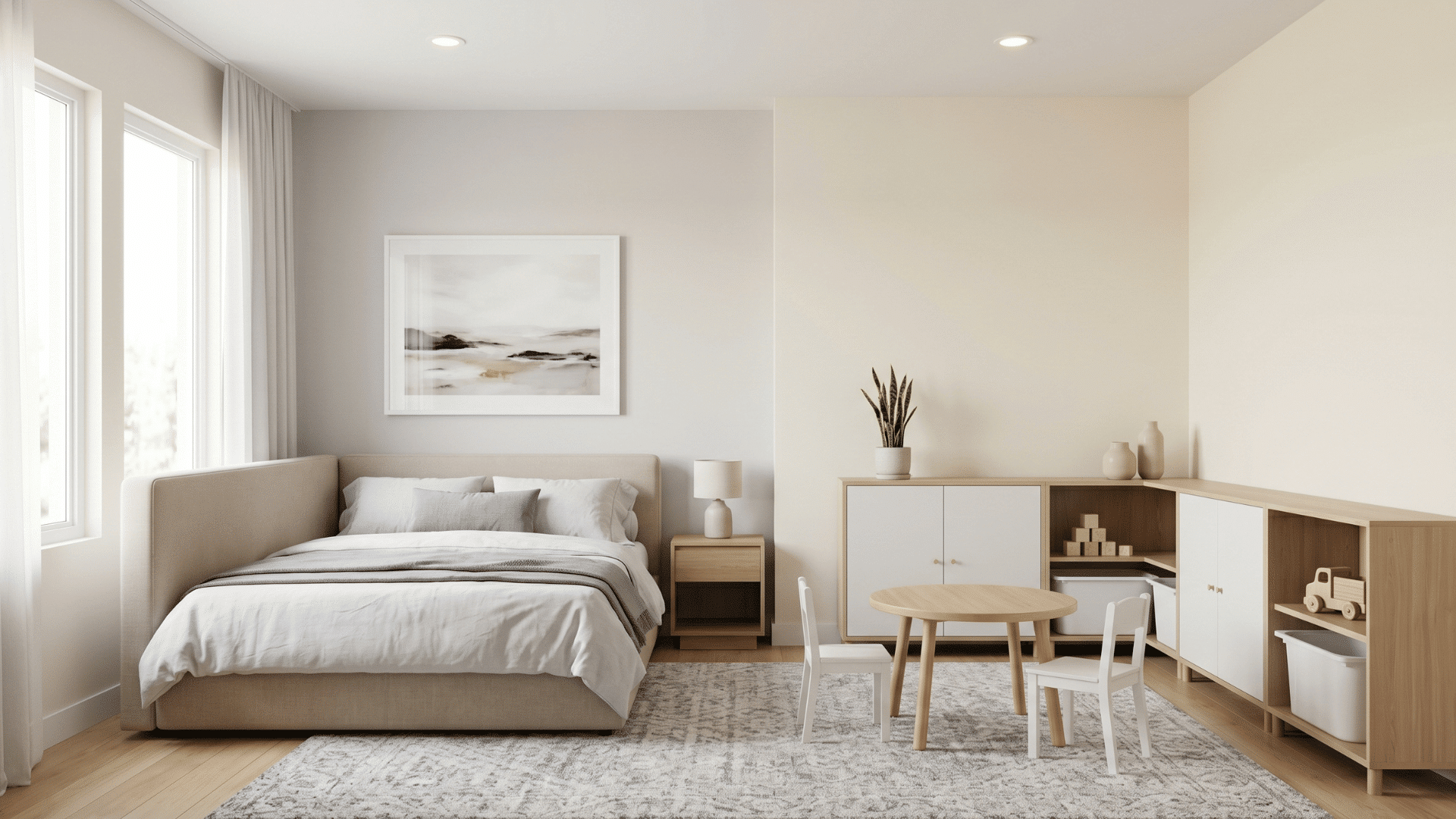 front view of guest room with pull out bed and storage in a clean multi use layout