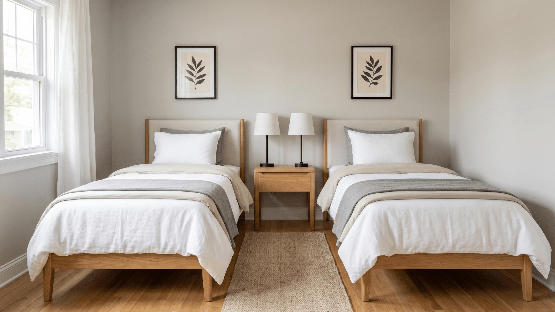 front view of guest room with two twin beds, shared nightstand and symmetrical clean layout