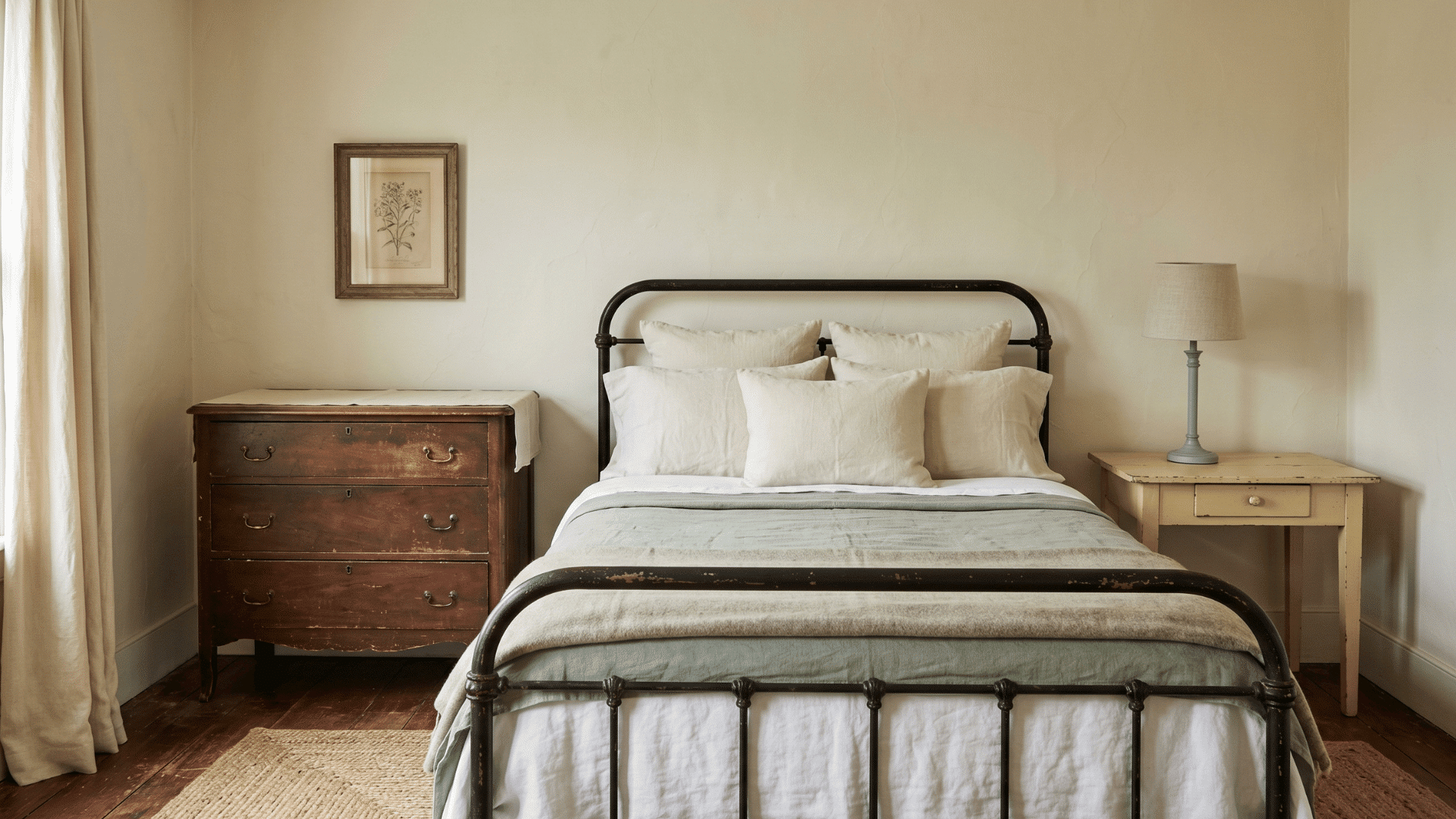 front view of guest room with vintage bed, mixed furniture and soft muted tones