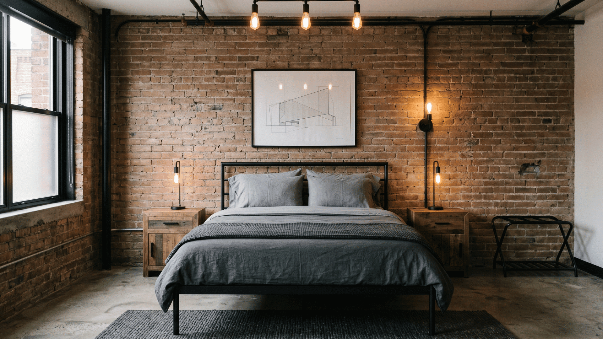 front view of industrial style bedroom upholstered bed, soft lighting and heavy curtains