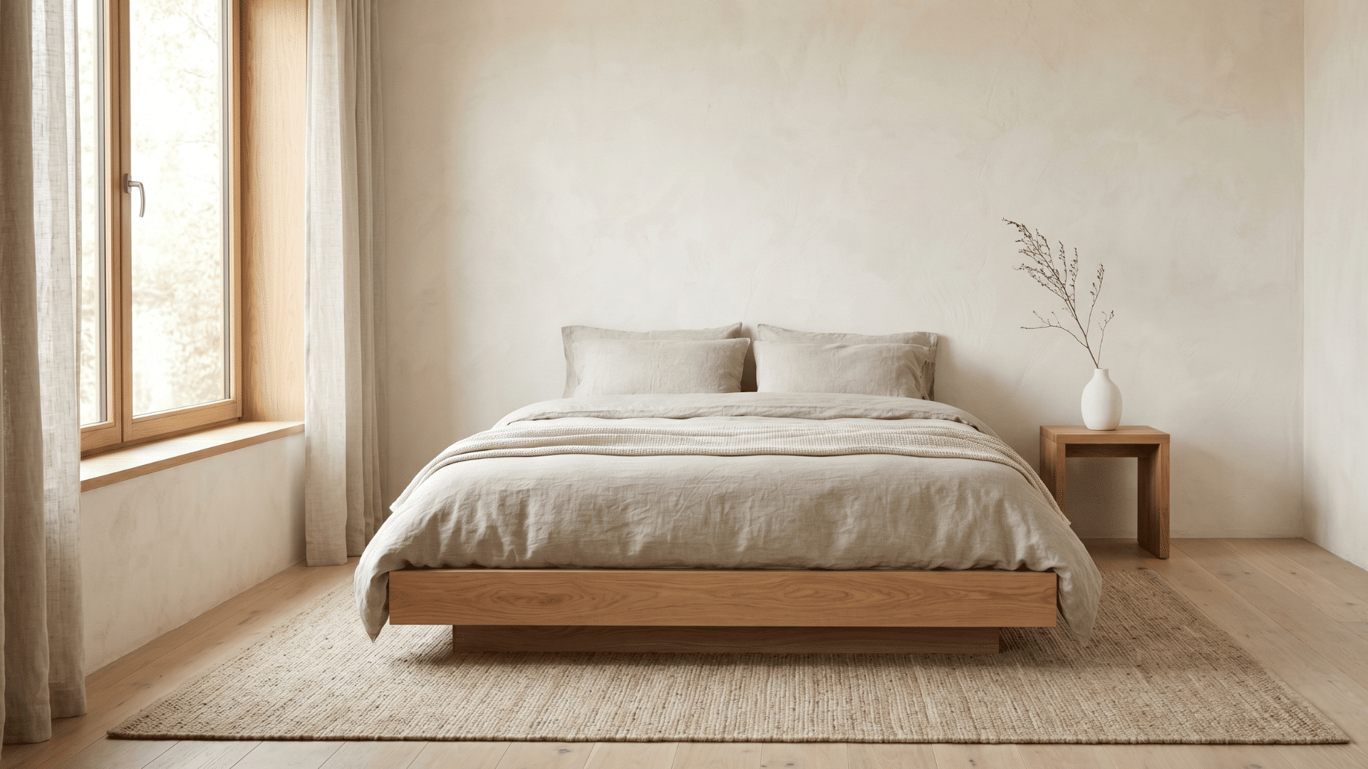 front view of japandi guest room with low bed, light wood furniture and minimal calm design