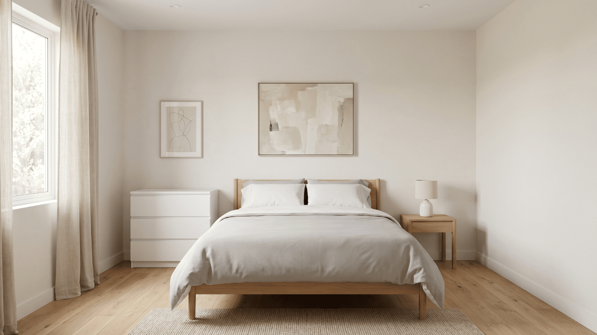 front view of minimal guest bedroom with neutral tones, simple bed and uncluttered layout