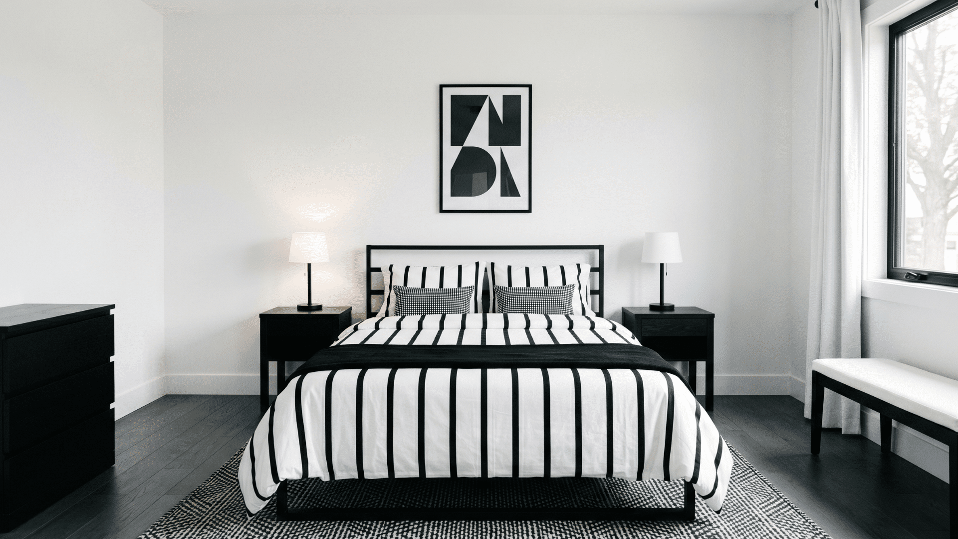 front view of monochrome guest room with black and white tones and bold bedding patterns