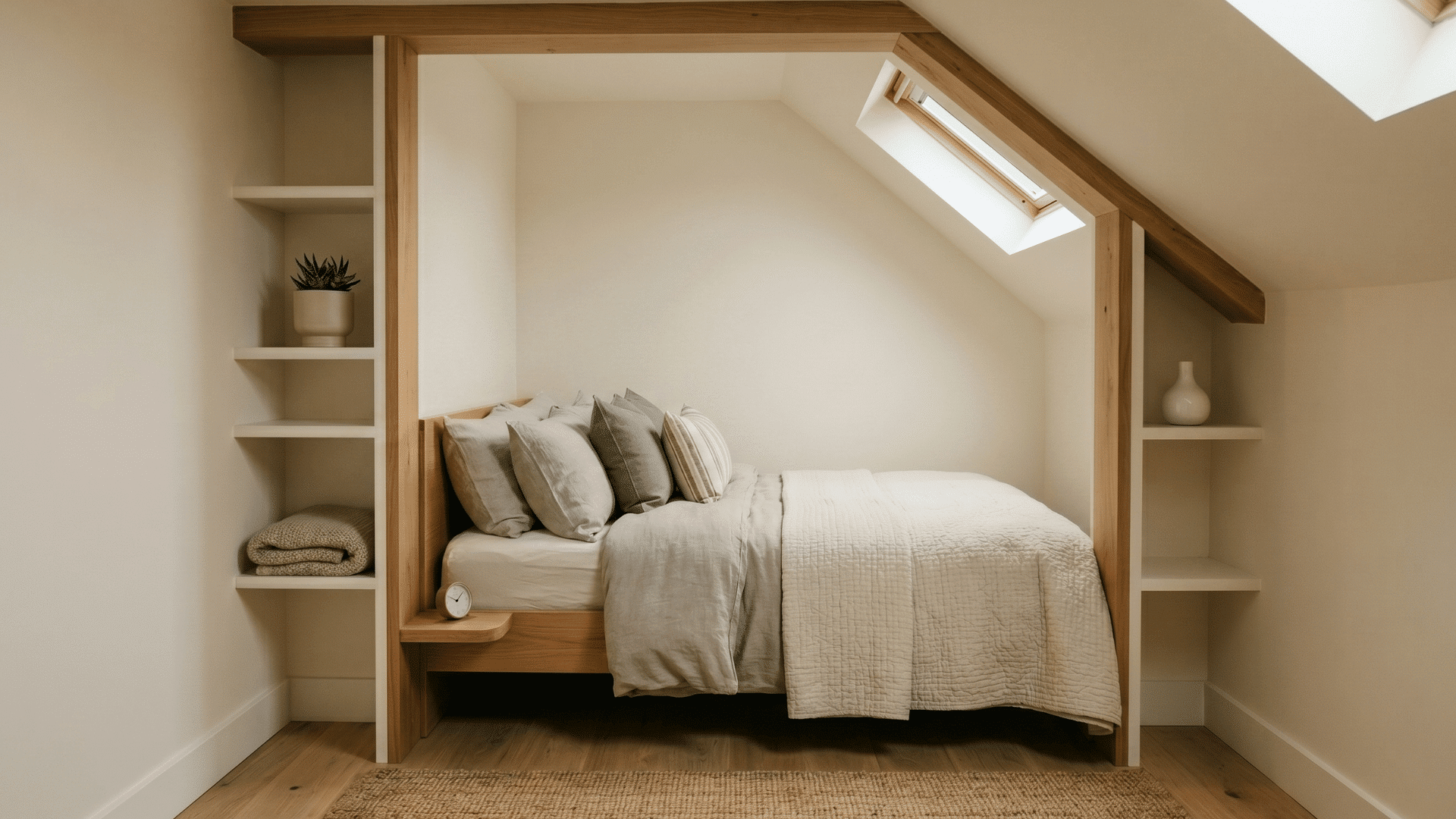front view of small nook guest bedroom with fitted bed, compact layout and soft lighting (1)