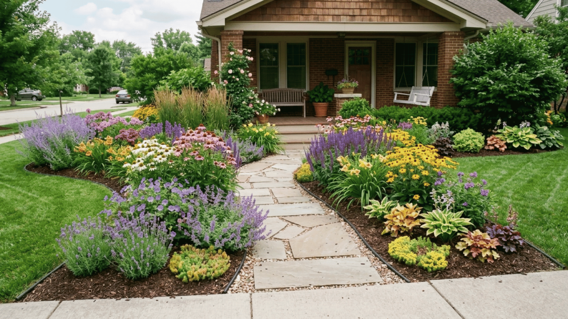 front yard garden with perennial flowering plants, colorful arrangement, and a clean pathway for a balanced landscape (2)