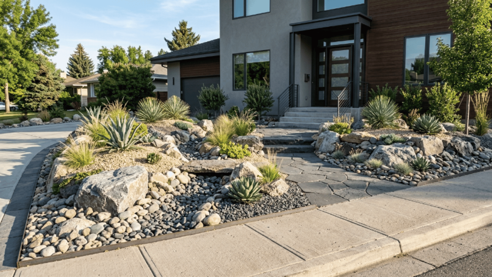 front yard rock garden with large stones, gravel, and drought-tolerant plants creating a low-maintenance landscape