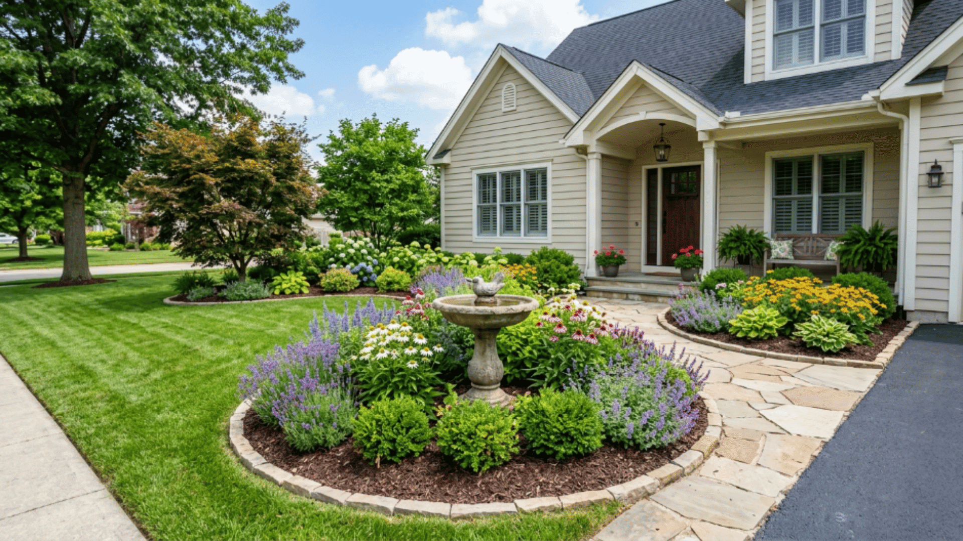 front yard with circular flower bed fountain surrounded by colorful plants shrubs and curved stone pathway near house