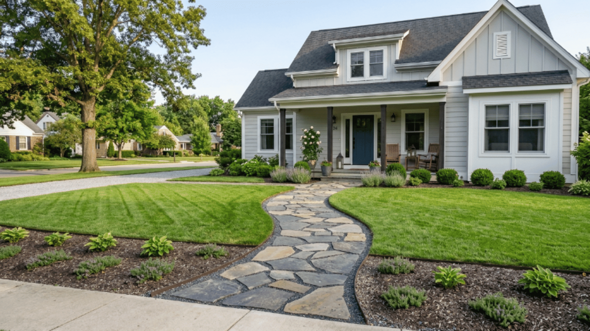 front yard with curved stone pathway, lawn, and minimal planting beds, creating a simple and structured landscape design
