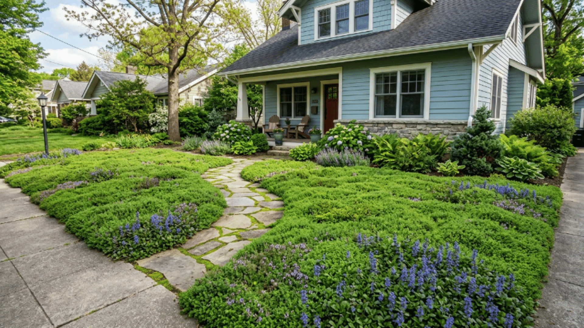 front yard with dense ground cover plants replacing grass, creating a green, low-maintenance and visually soft landscape