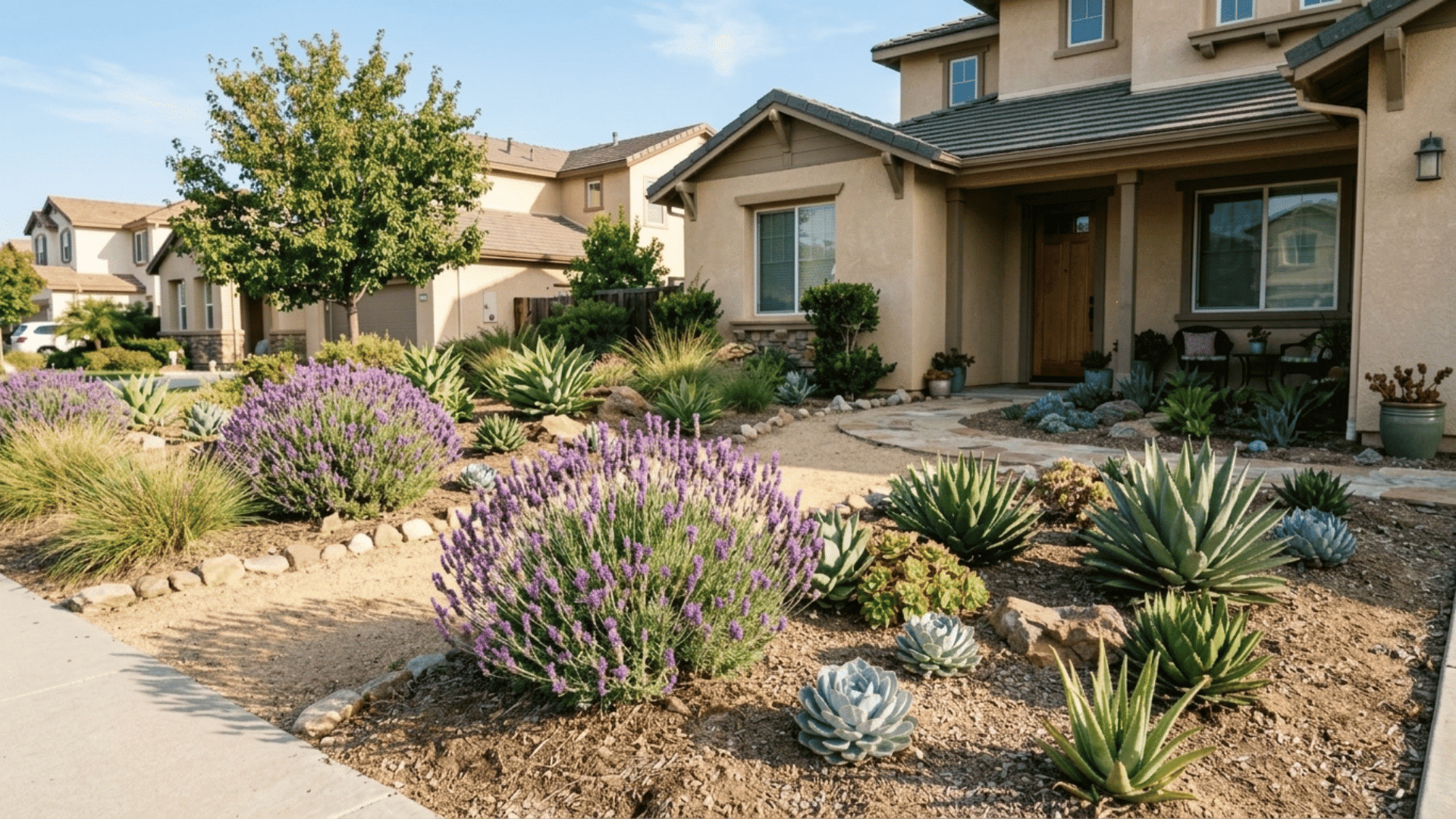 front yard with drought-tolerant plants like lavender and succulents, arranged in dry soil with a clean, low-maintenance layou (1)