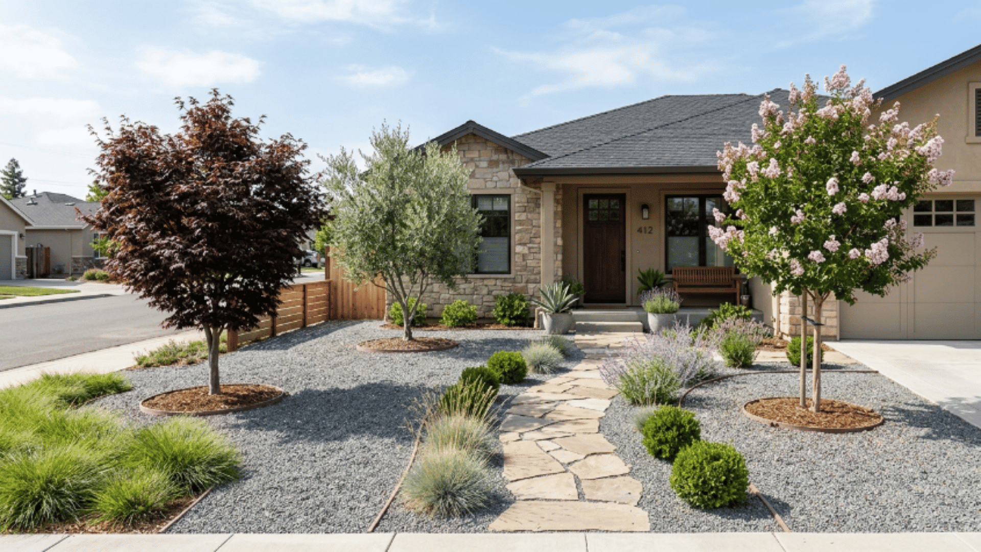 front yard with gravel landscaping, stone pathway, and spaced trees, creating a clean and low-maintenance outdoor design