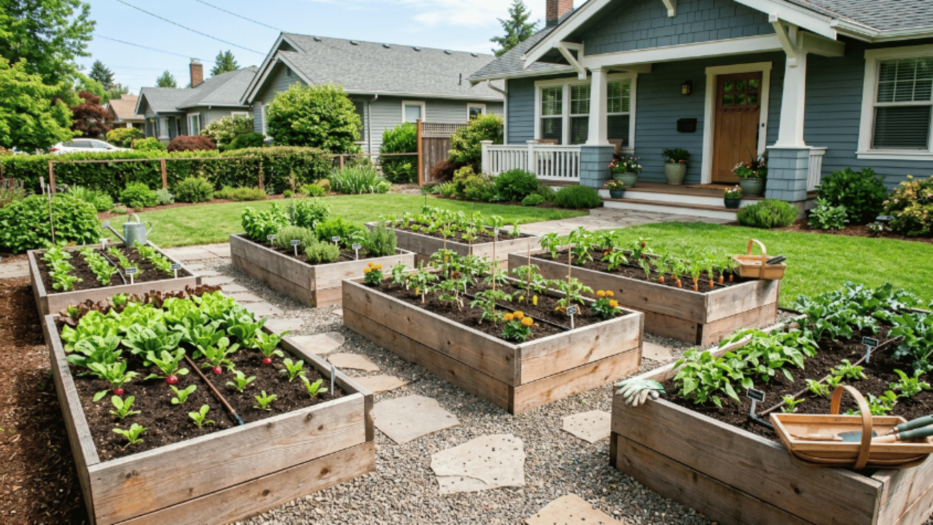 front yard with raised wooden garden beds, neatly planted vegetables, and an organized, easy-to-maintain layout