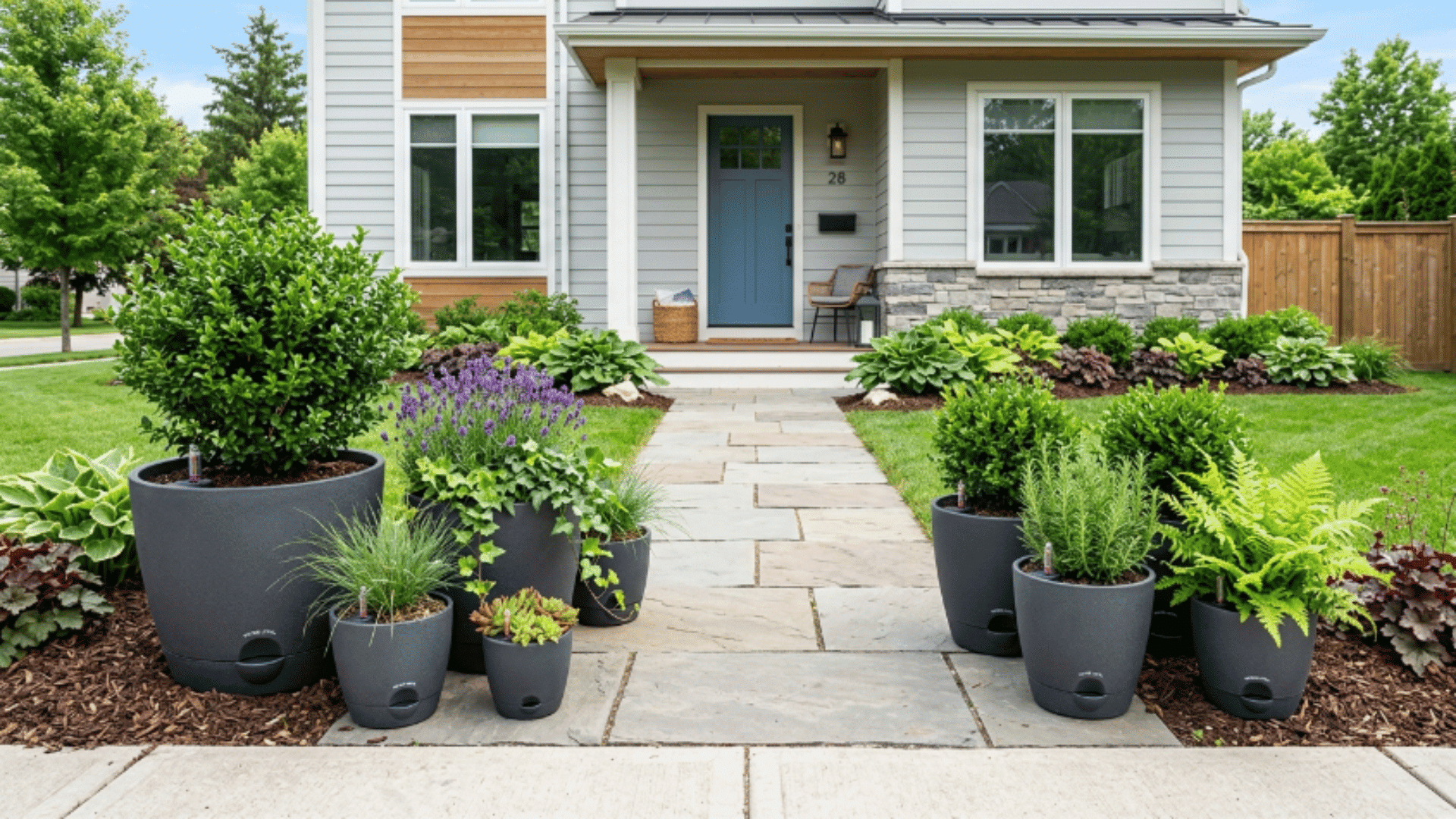front yard with stone pathway and large planters filled with greenery, creating a clean, organized, and low-maintenance landscaping design