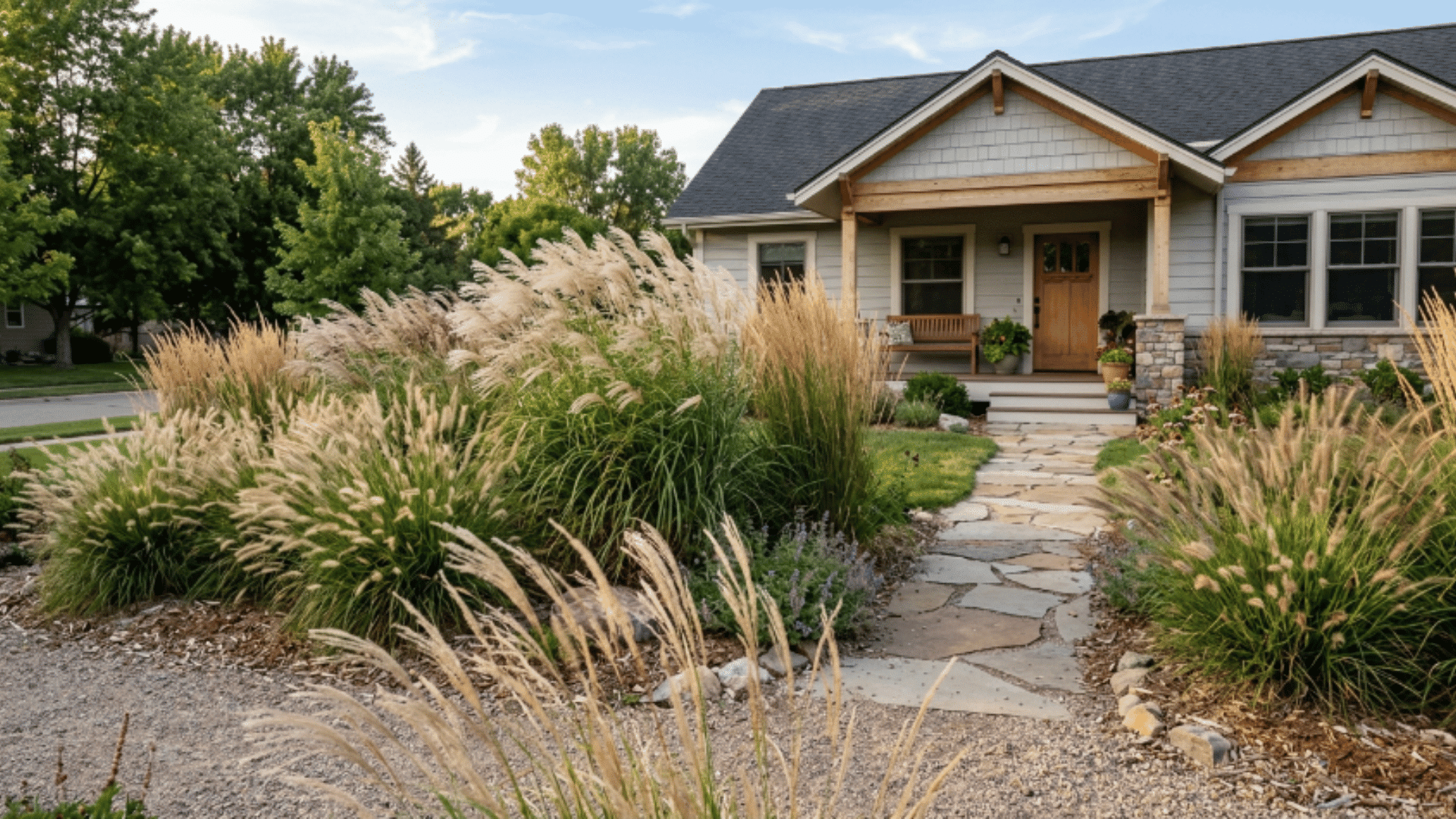 front yard with tall ornamental grasses, stone pathway, and minimal planting, creating a soft and low-maintenance landscape look