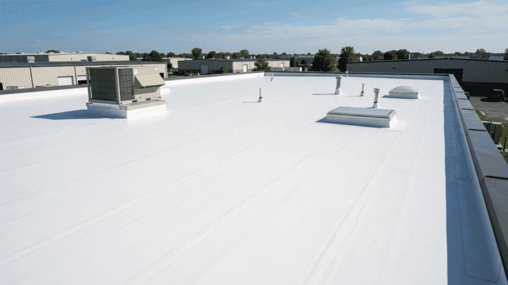 fully adhered tpo roofing system on flat commercial roof with smooth white membrane and rooftop hvac units